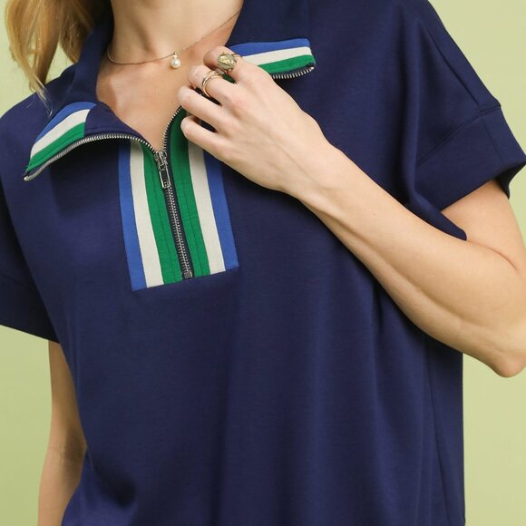 Striped Collared Neck Half-Zip Top - Navy - Picture 4 of 4